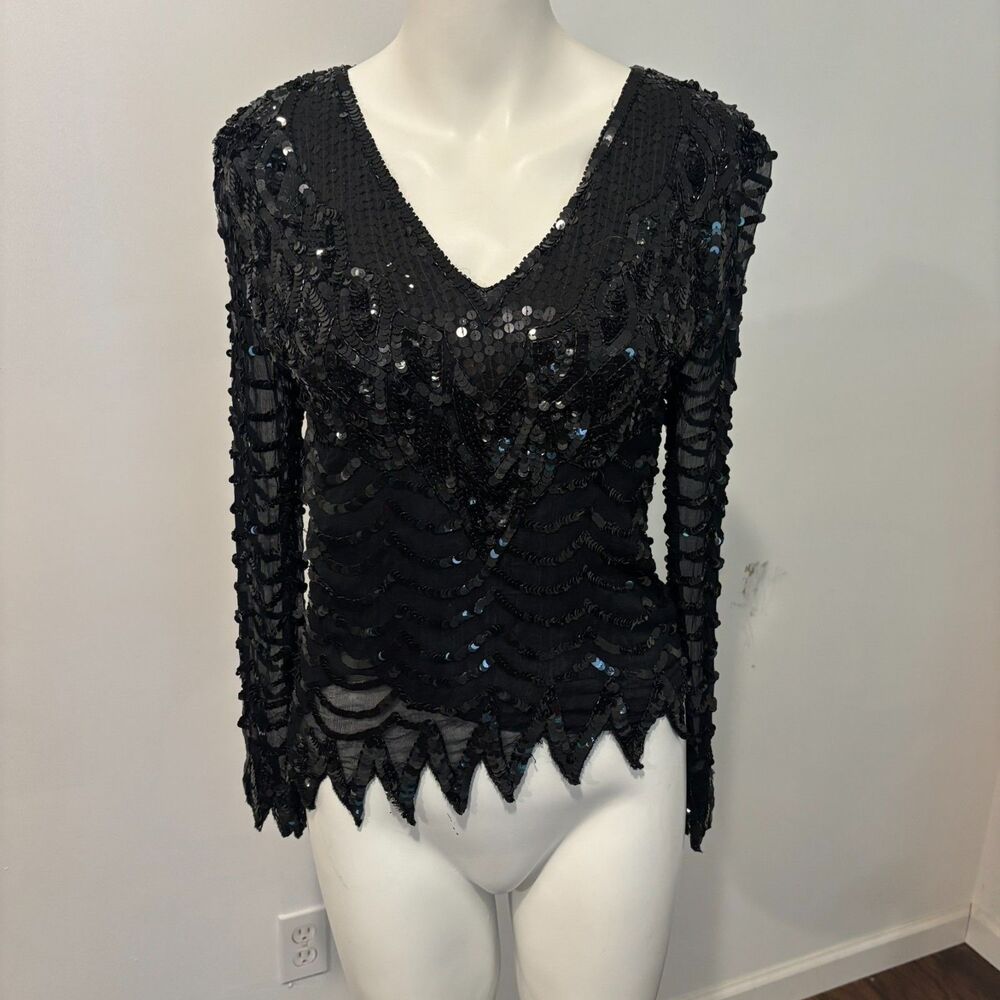 Lord & Taylor size Small 100% Silk Fully Sequin Beaded Black Formal Vintage Top